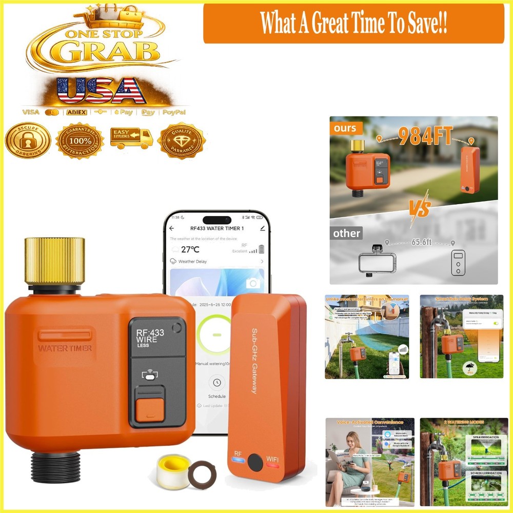 WiFi Garden Water Timer 984ft Range App Voice Control Rain Delay