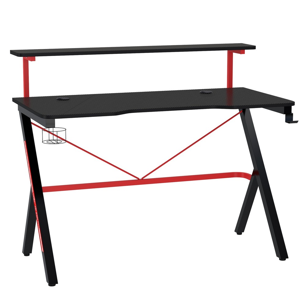 Gaming Computer Desk with Rotating Cup Holder and K Shaped Frame, Red