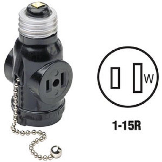 (1)-Leviton Black 125V Pull Chain Electrical Light Socket Adapter 007-1406