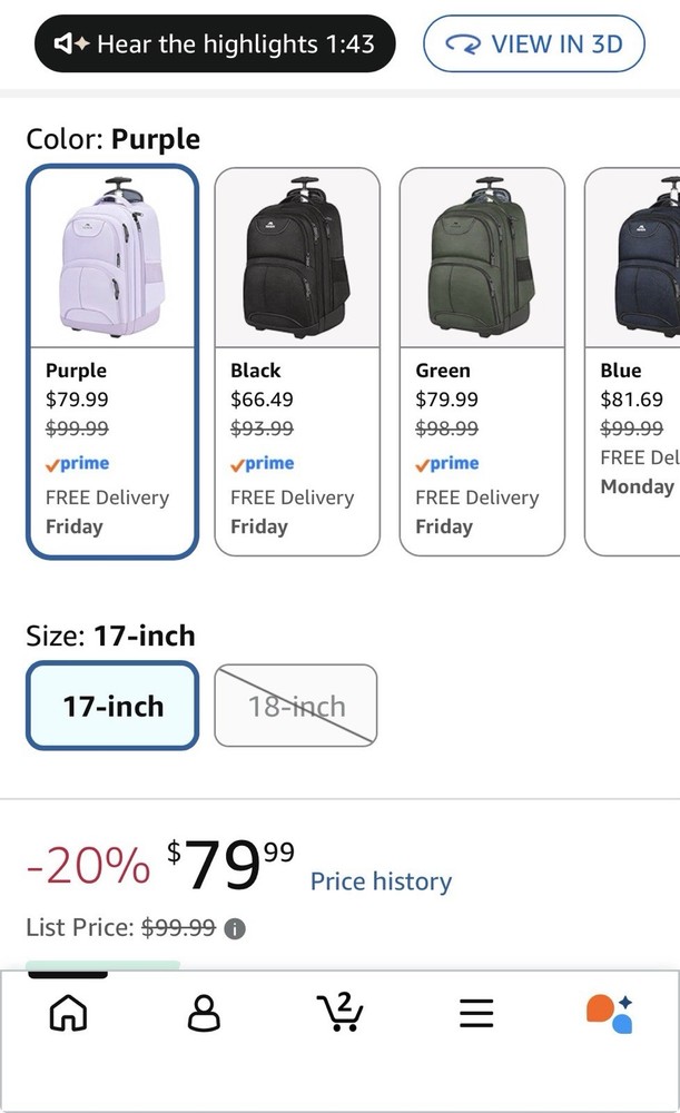 Matein 17” Wheeled Rolling Backpack Purple