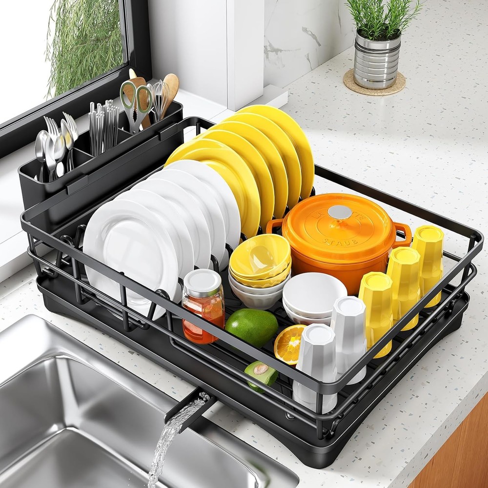 Large Dish Rack with Drainboard, Rustproof Dish Drainer , Black
