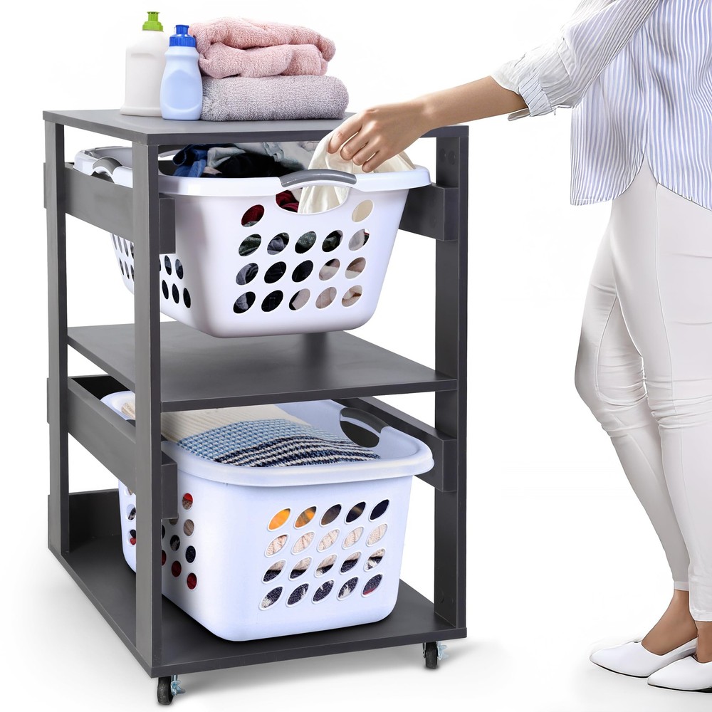 Laundry Basket Holder Shelf (2-Tier) - Stackable Engineered Wood Laundry Towe...