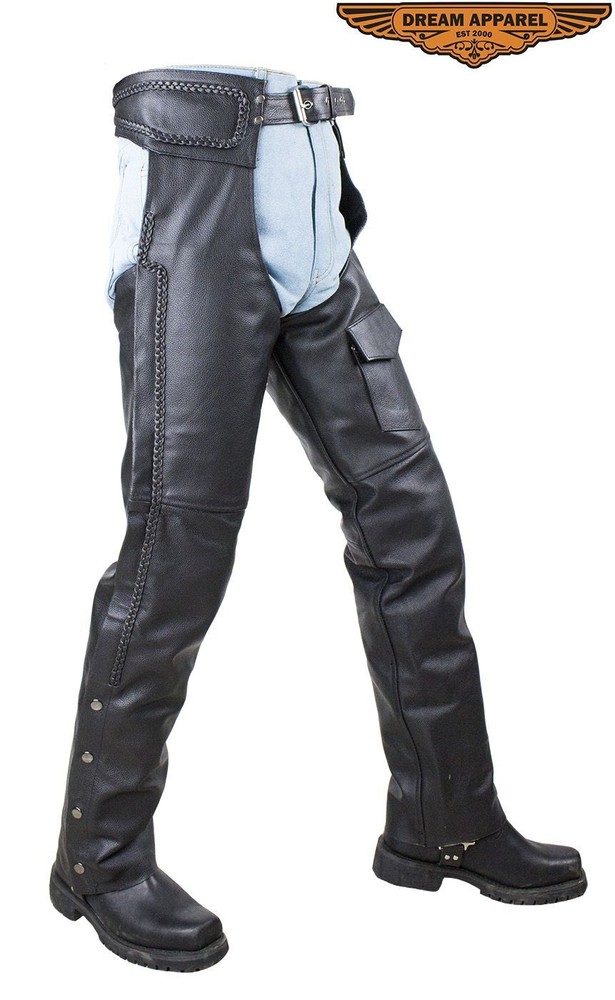 Black Quality Split Leather Men's Motorcycle Biker Braided Chaps W/ Mesh lining
