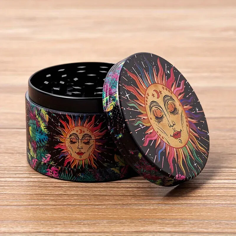 Creative Pattern Sun & Moon Herb Grinder, 2.5 inch, 4-Piece, Storage & Scraper