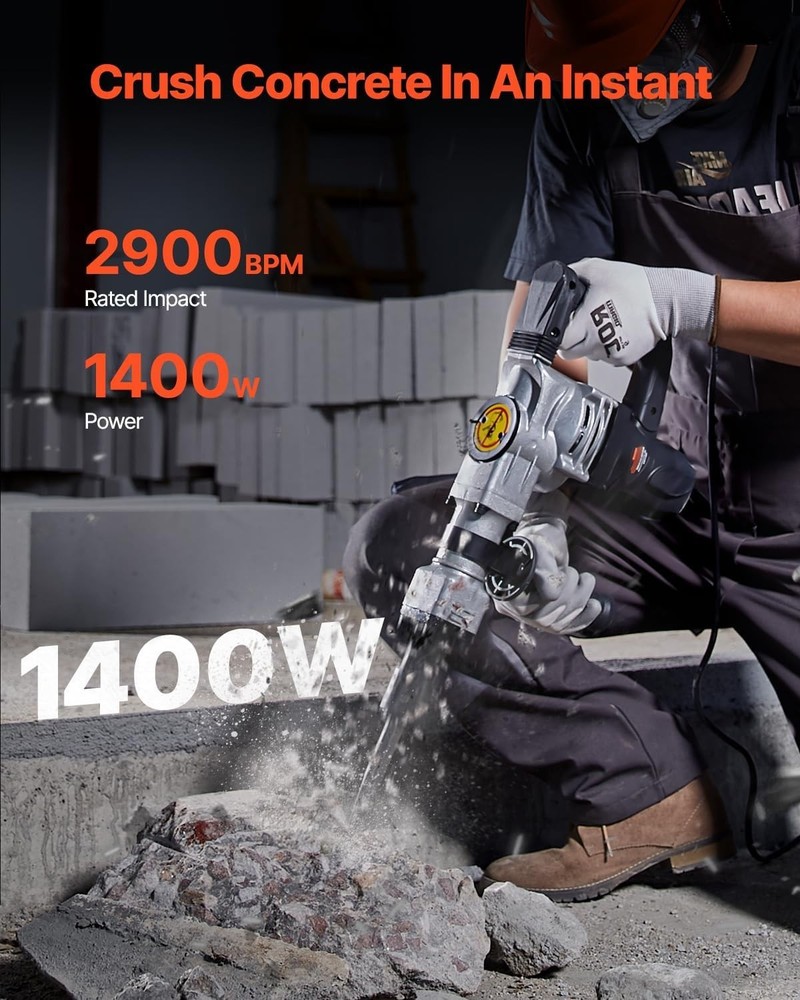 Heavy Duty 1400W Jackhammer with Shock Absorbing Handle & 2 Chisel Bits Included