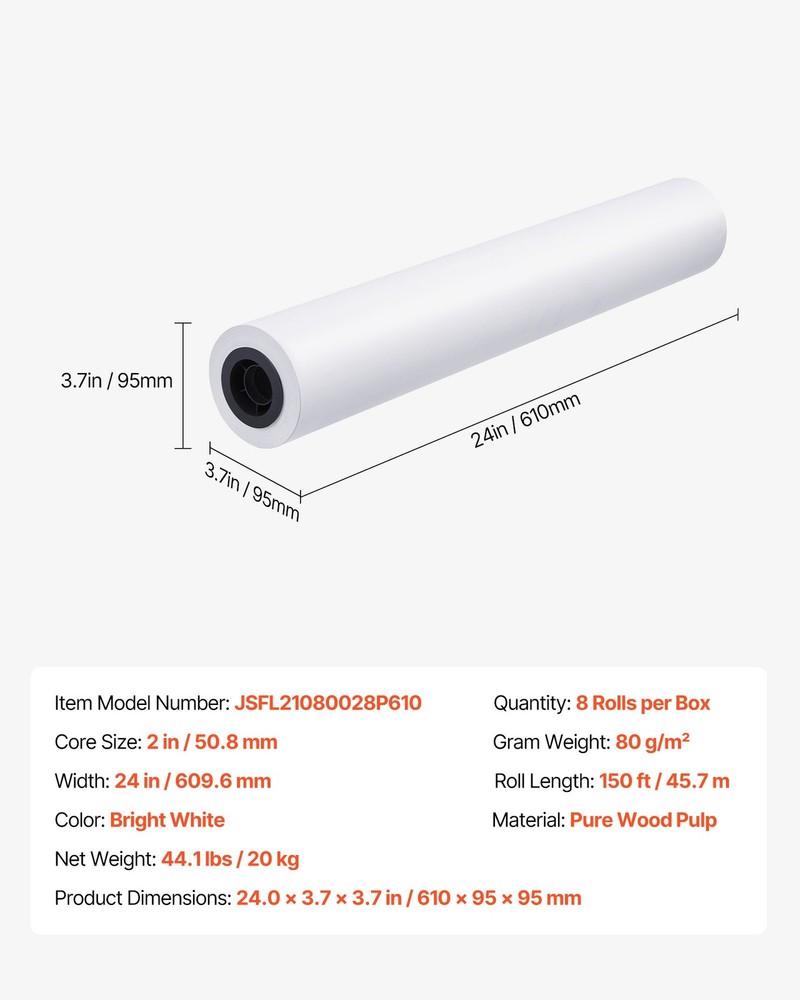 Wide Format Paper,24 inx150 ft Plotter Roll,8 Rolls CAD Bond Rolls w/2 in Core,2