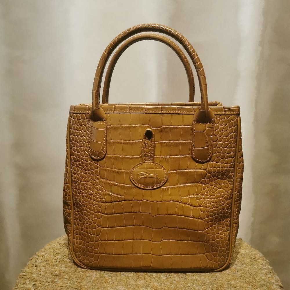 Excellent Condition LONGCHAMP Embossed Leather Square Tote Beige 07a
