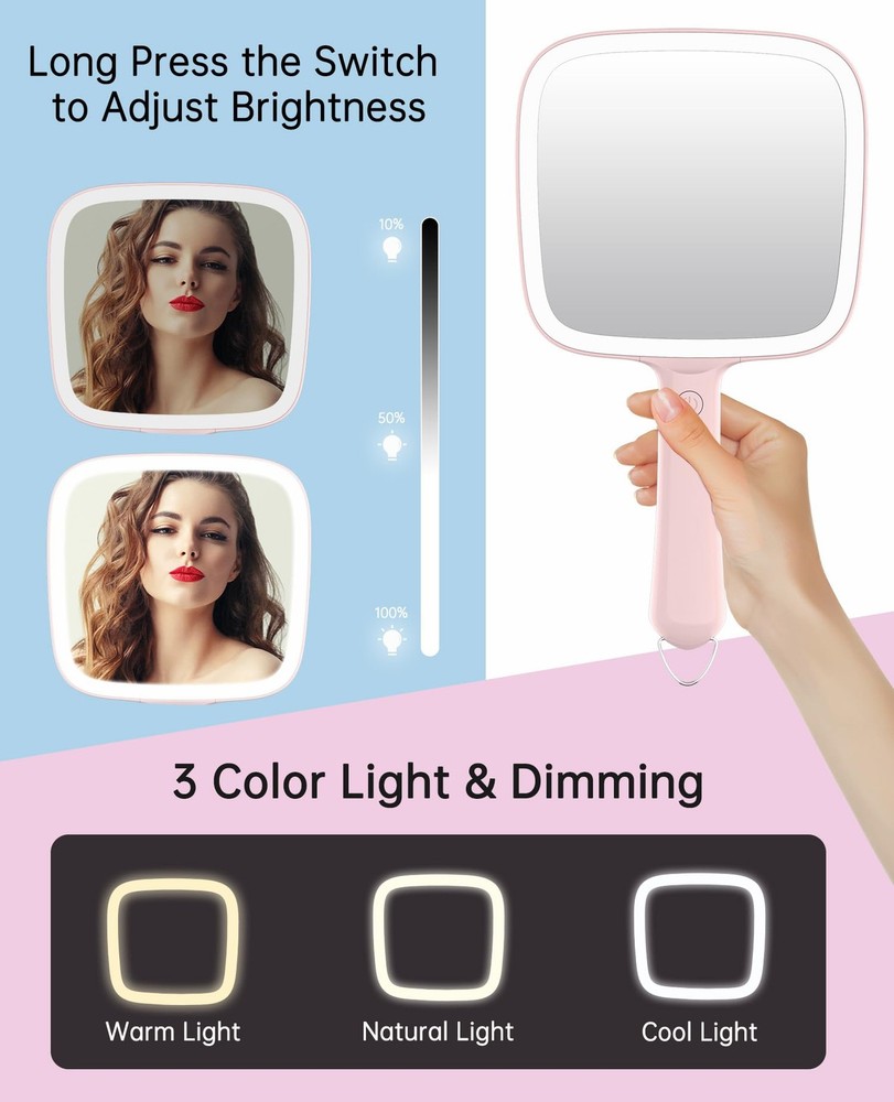 Lighted Handheld Mirror, Handheld Mirror with 3 Light Color, Led Hand Mirror ...