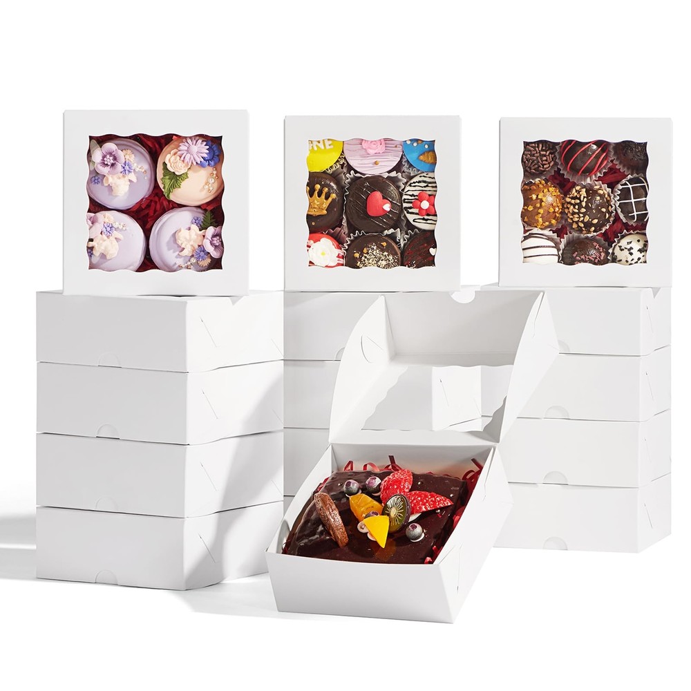 51PCS 5x5x2 Inch Bakery Boxes,Cookie Boxes with Window, Pastry Boxes for Maca...