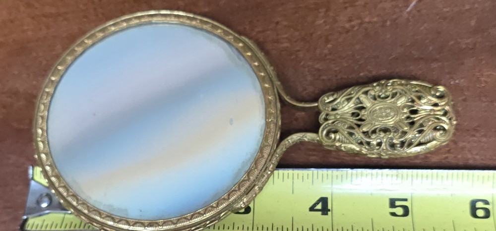 5½" Antique Miniature Two Sided Hand Mirror Brass 3¼" Wide