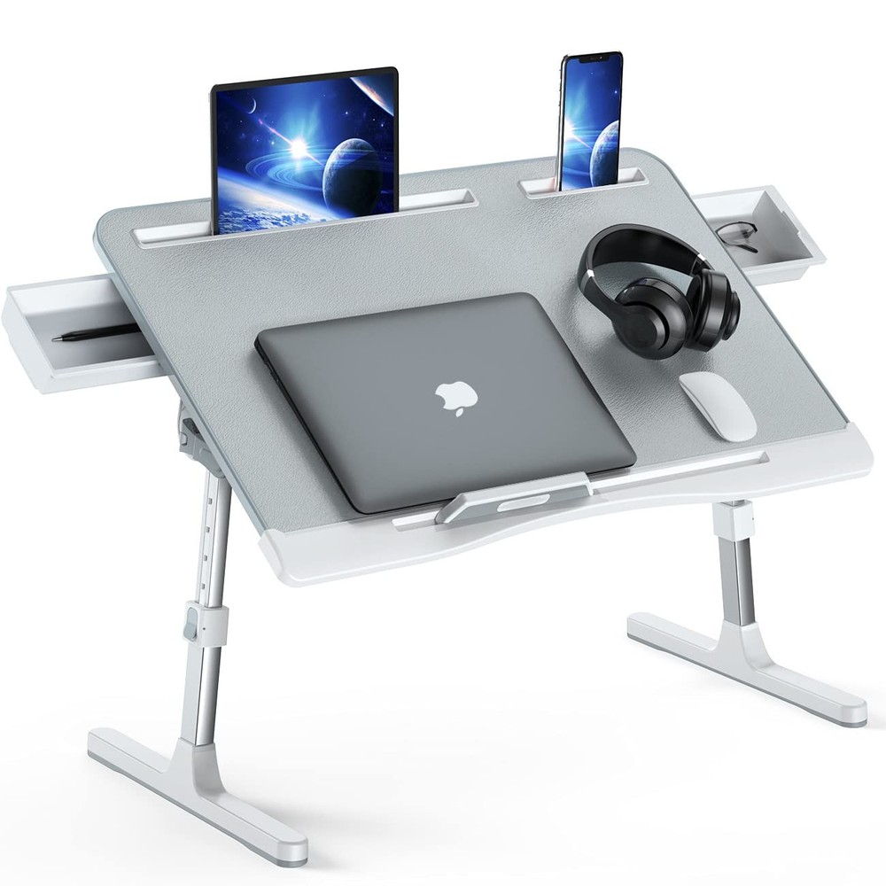 Foldable Adjustable Lap Desk for Bed with 2 Drawers - X-Large Grey