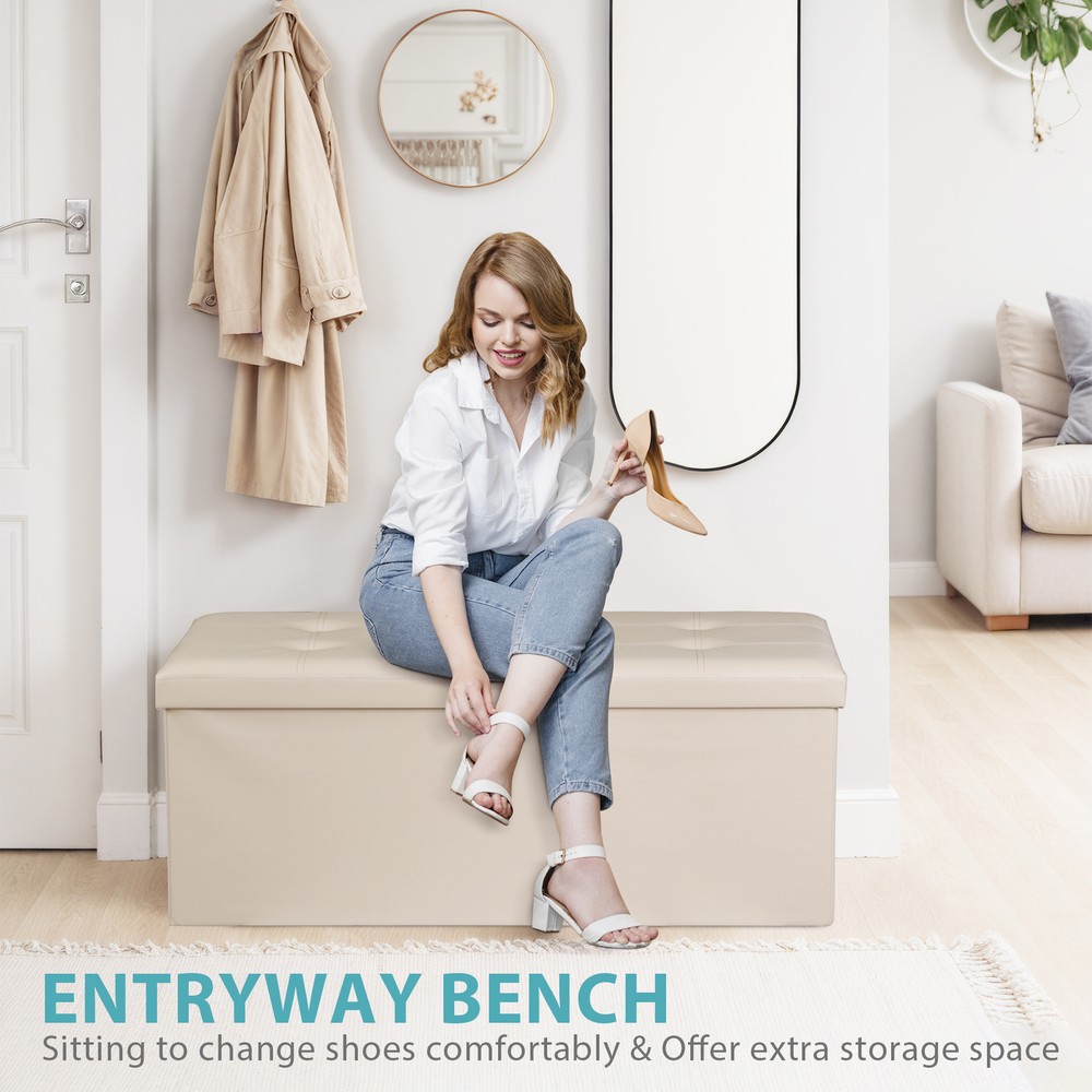 Beige Folding Storage Ottoman Bench Storage Stools Footrest for Home Storage Use