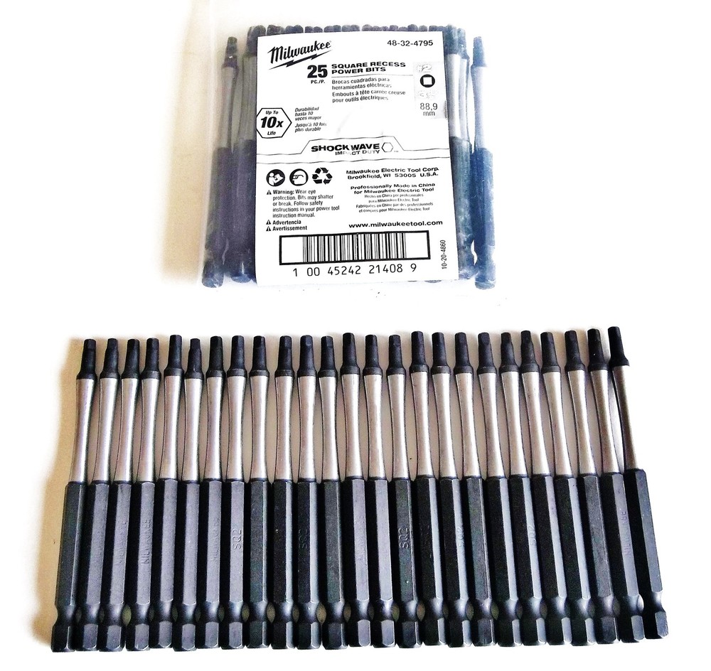 25 MILWAUKEE SHOCKWAVE 3-1/2" IMPACT #2 SQUARE ROBERTSON SCREW BITS 48-32-4795