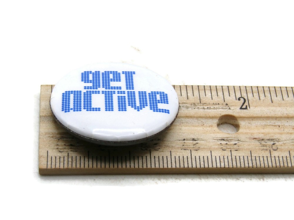 Vintage "Get Active" Slogan Pinback Button Retro 80s Pixelated Dot Matrix Font