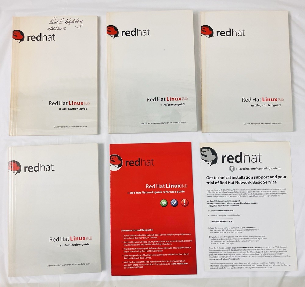 Red Hat Linux 8.0 Manual Set 6 pc Vintage OS Installation Reference Guides 2002
