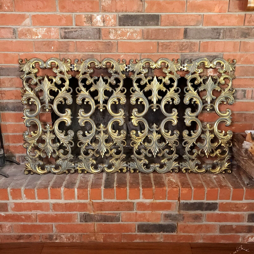 Vintage Fireplace Cast Iron 4 Panel Fire Screen Gold 54”x 29 1/2” Foldable