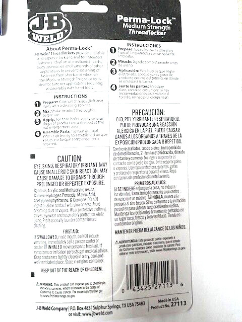 J B WELD 27113 PERMA LOCK THREAD LOCKER LOCKING COMPOUND RED HIGH STRENGTH .44OZ