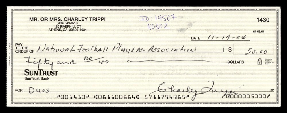 CHARLEY TRIPPI SIGNED CANCELLED CHECK