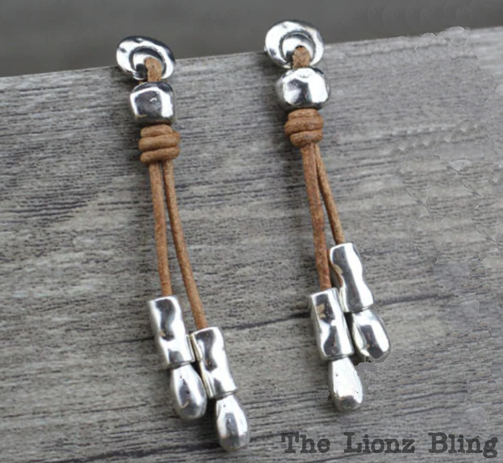 Rustic style Hammered Sterling Silver & Brown Leather Dangle Earrings - 2 1/2"