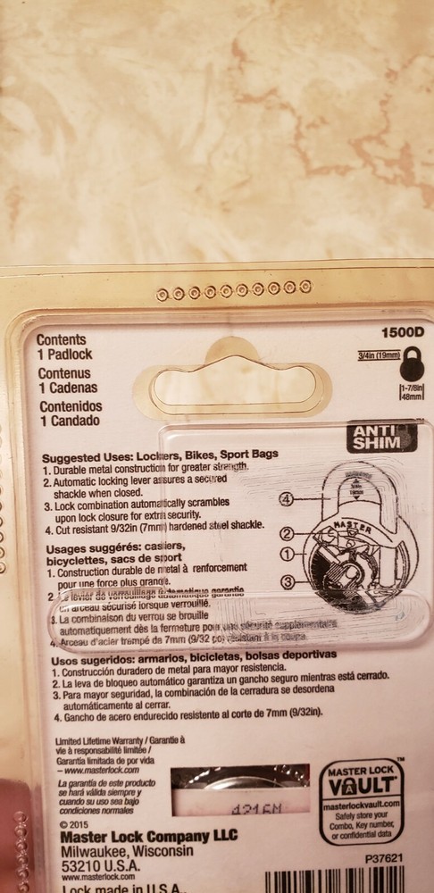 Master Lock Combination Padlock, 1500D, New, 3/4 In. ( 19mm)