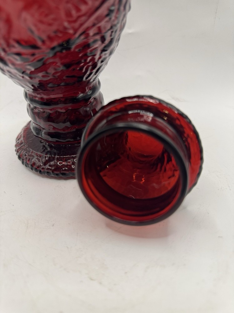 Vintage Ruby Red Eagle Pattern Pressed Glass Lidded Compote Pedestal Candy Jar