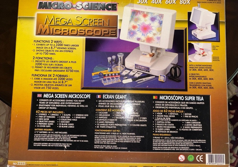 Vintage MICRO-SCIENCE MEGA SCREEN MICROSCOPE 62 PCS 1998-Used/Powers On