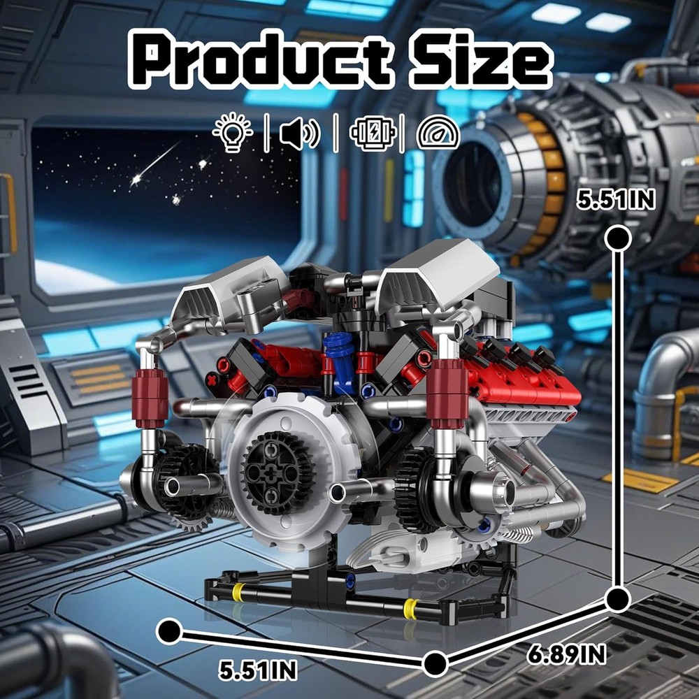 Mini V8 Engine Kits That Works Building Sets, 8-Cylinder Model Technic with Moto