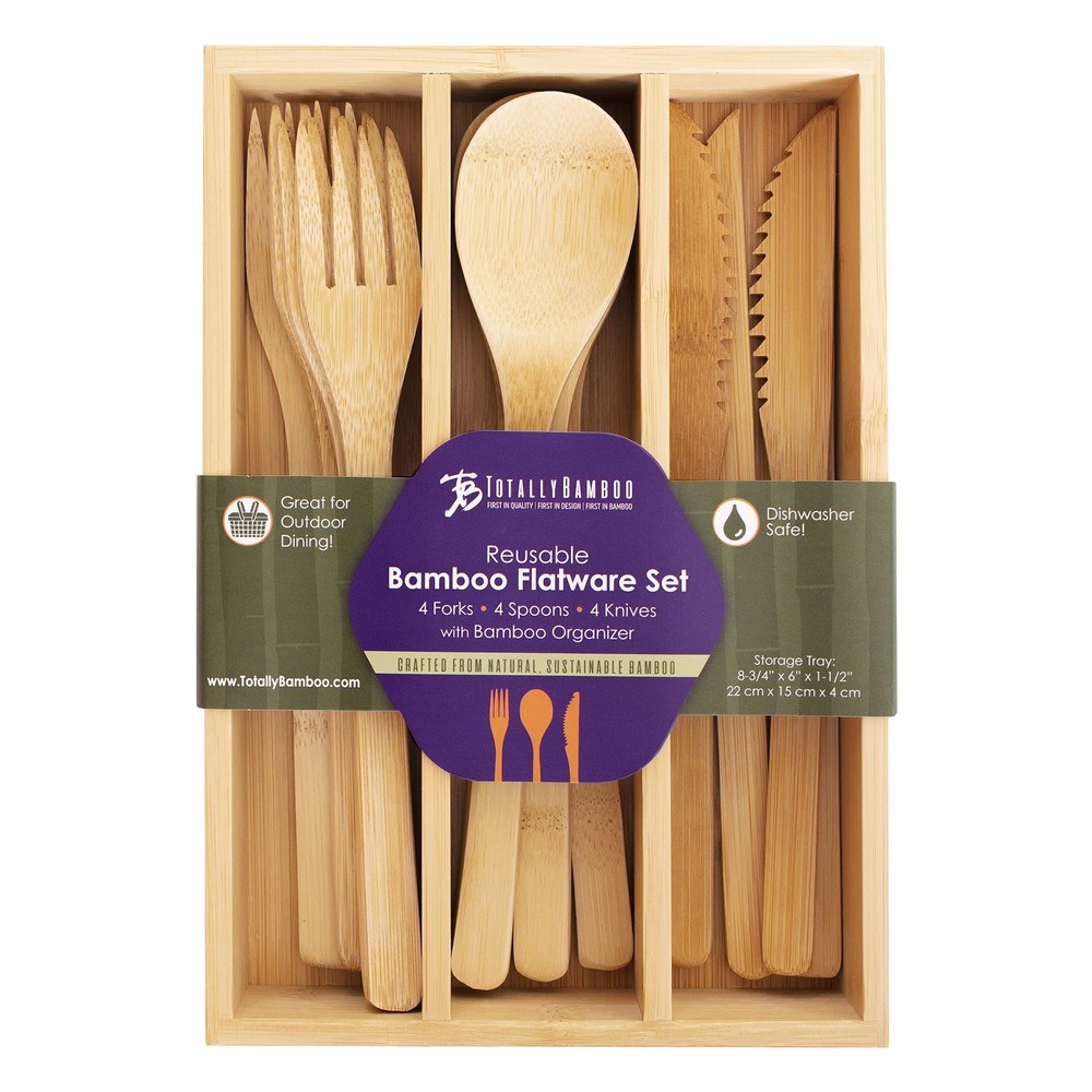 12-Piece Reusable Bamboo Flatware Set with Portable Storage Case, Dishwasher ...