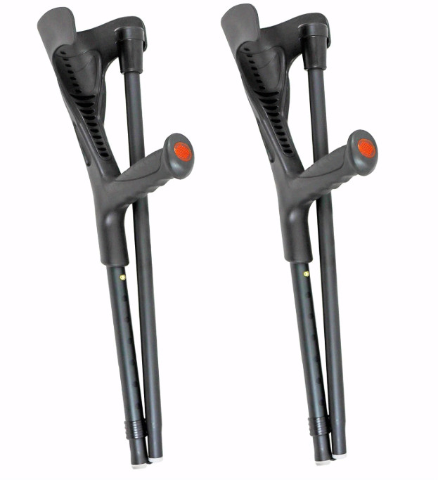Folding elbow crutches (2), adjustable aluminium, open cuff, black