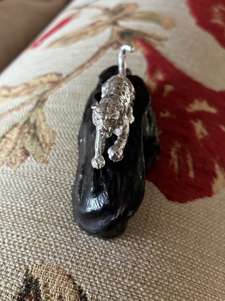 PATRICK MAVROS- Leopard on dark wood base - SILVER - Medium size- with box