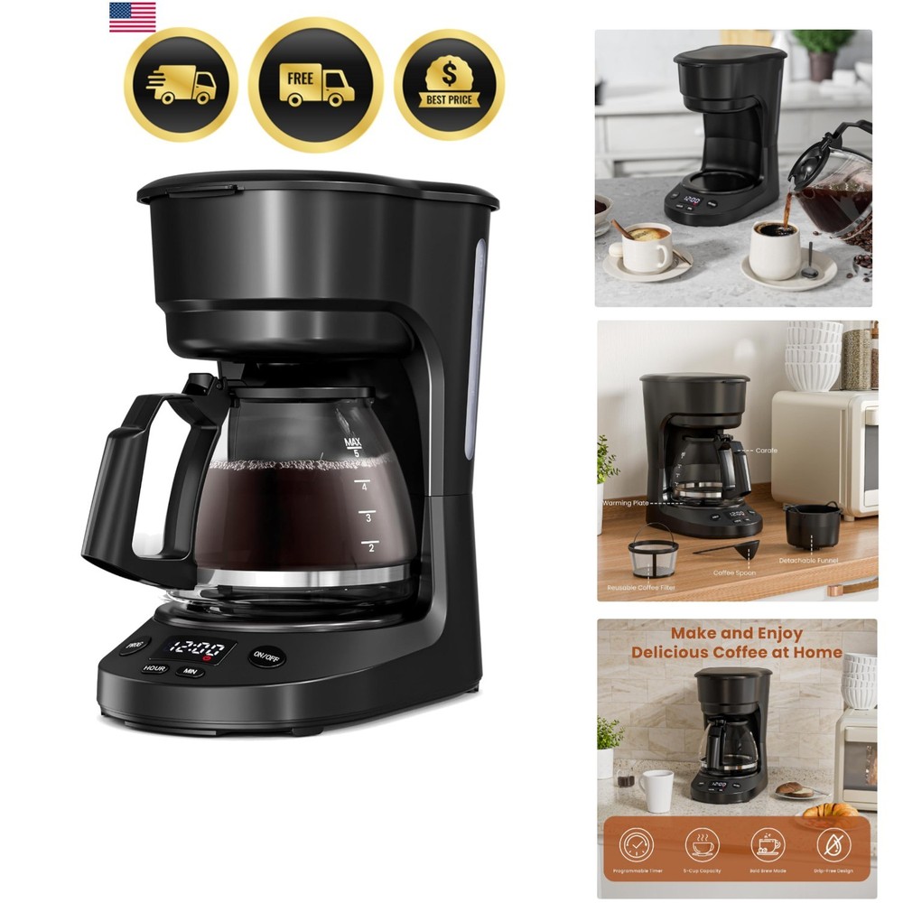 5 Cup Drip Coffee Maker, Portable Coffee Machine with Programmable Timer, Cof...