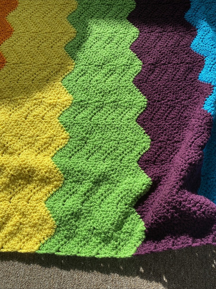 Rainbow Afghan 41”x61” Blanket Handmade Soft Throw Zig Zag Pride Bright