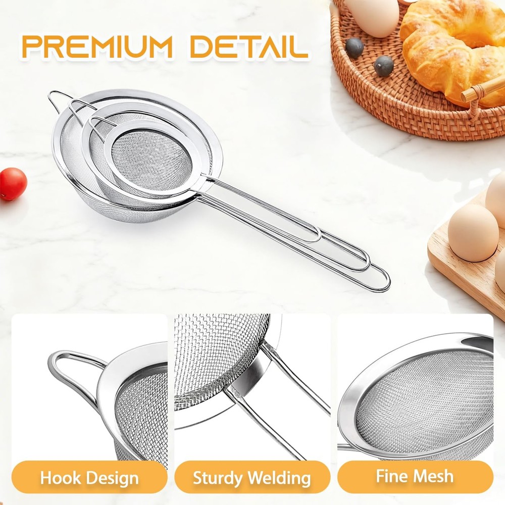 3Pcs Fine Mesh Strainer with Handle, Small Medium Large Size SML, Silver
