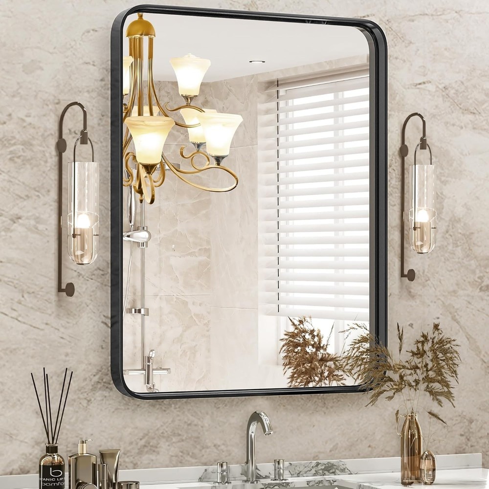 Modern Matte Black Vanity Mirror (36x24) - Rounded Rectangle Bathroom Mirror