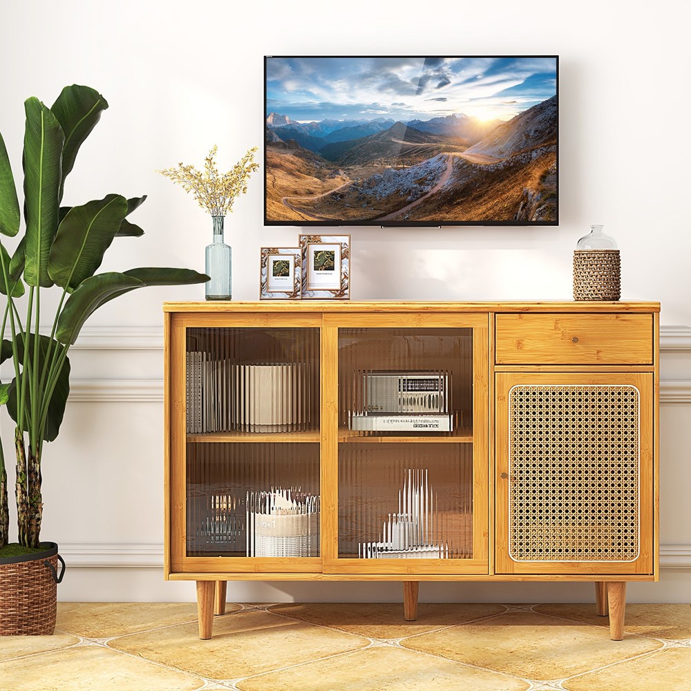 Buffet Sideboard Cabinet Rattan Console Table with Sliding Doors Storage Drawer