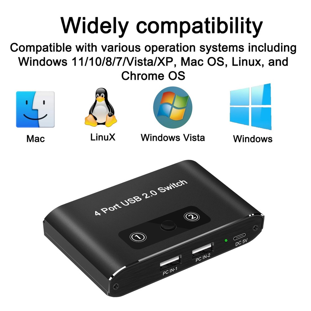 USB 2.0 Switch, 2 Computers Sharing 4 Devices, Switcher for White