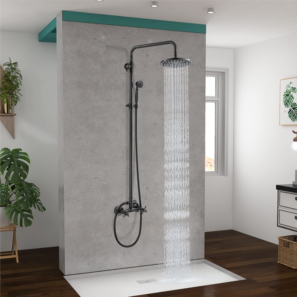 Dual Functions Exposed Pipe Shower System Round 8 Inch Rainfall Shower Head B...