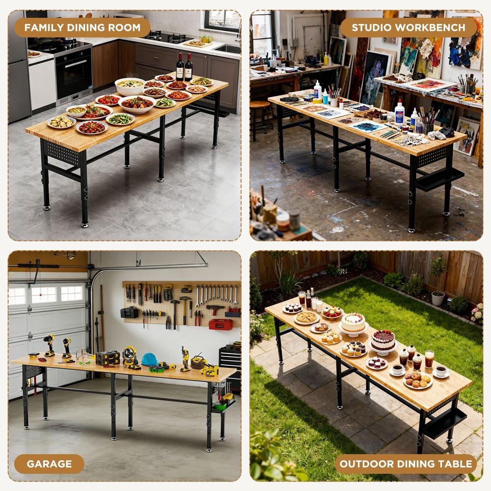 Adjustable 96" Workbench Solid Wood 2000lbs Power Outlet Pegboard Storage