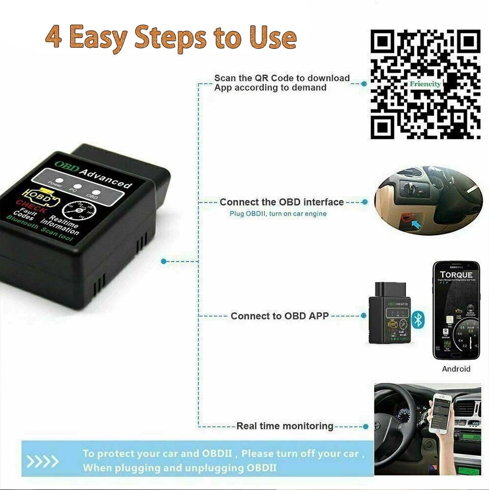 US Bluetooth OBD2 Car Reader Scanner Auto Fault Code Reader Tool (ELM327)