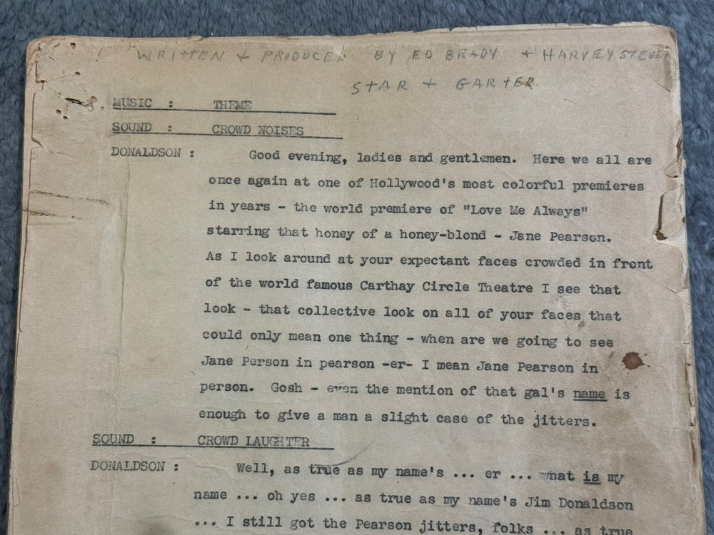 "STAR & GARTER" by ED BRADY & HARVEY STEVENS Script Radio Typed Inscribed