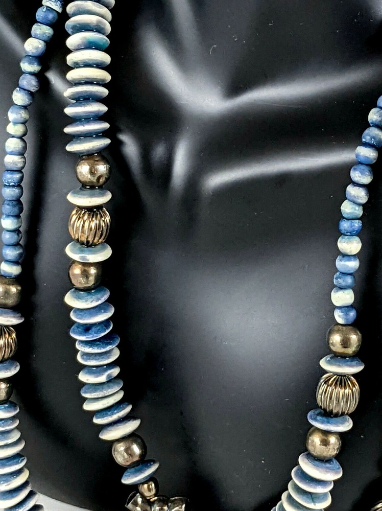 Vintage Boho Long Blue White w/ Silver Tone Necklace