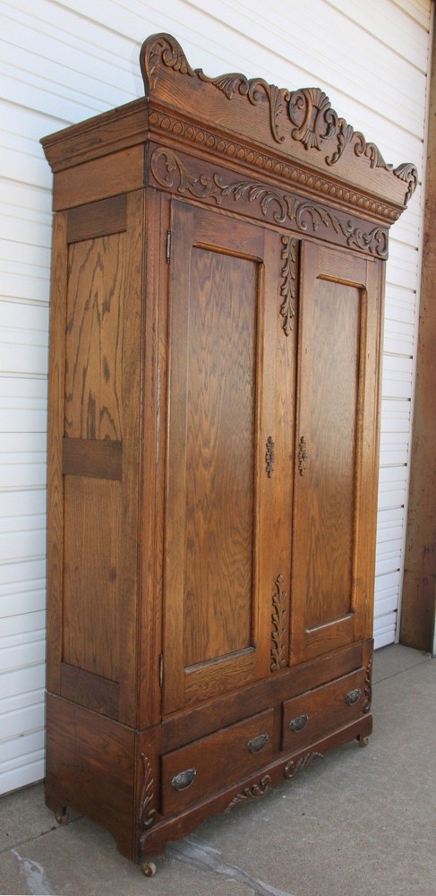 Antique Solid Oak Knockdown Double Wardrobe Armoire Closet w Egg & Dart Molding