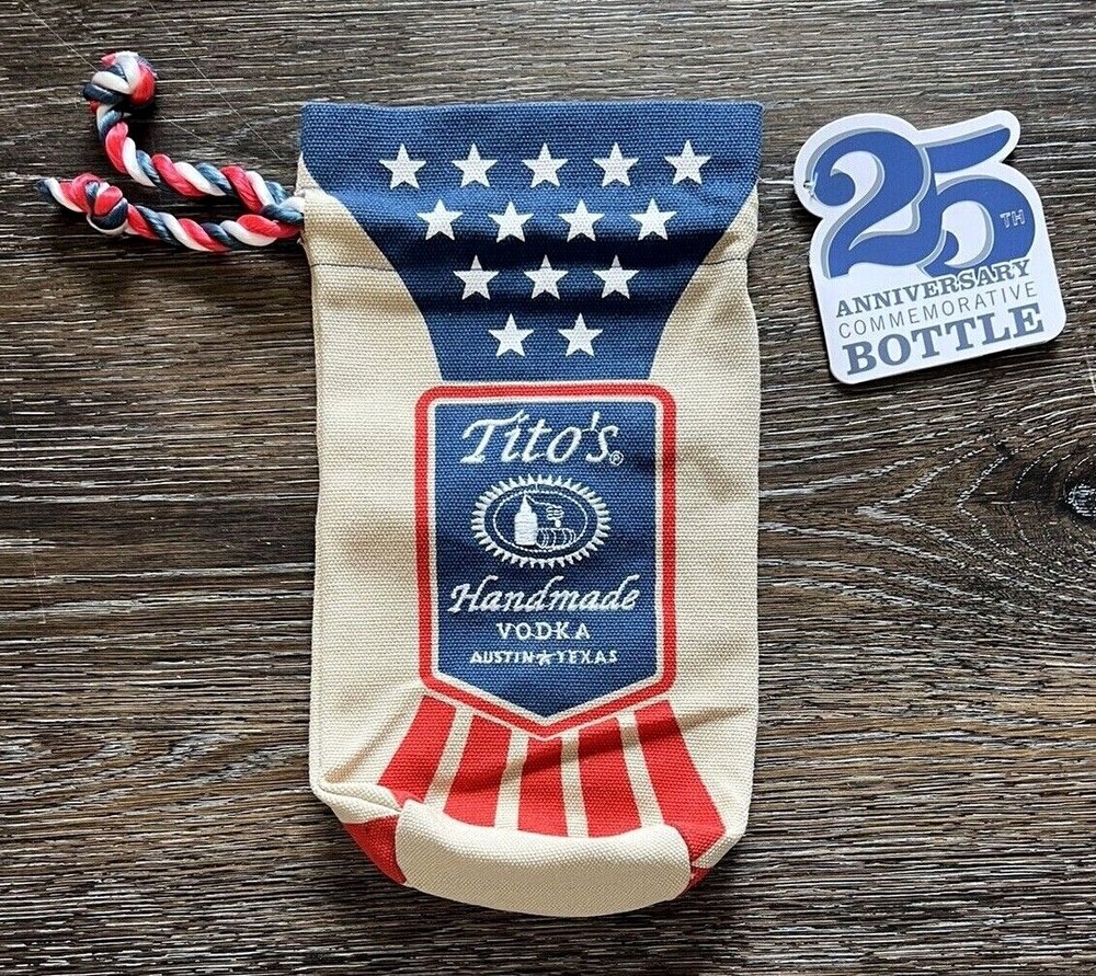 Tito's Vodka 25th Anniversary Embroidered Canvas Drawstring Bottle Bag NWT