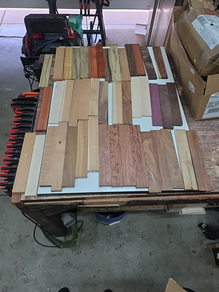 Assorted Domestic And Exotic Cutting Board Strips. 60 Total