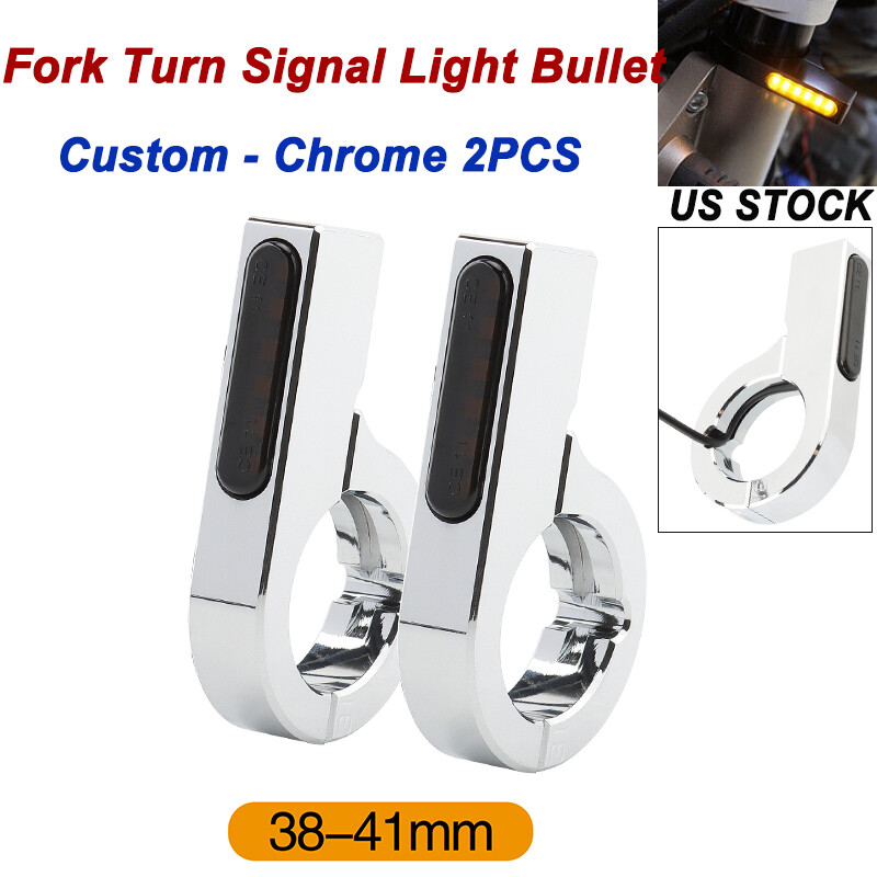 Chrome 38-41mm Front Fork LED Turn Signal Light Indicator Bullet Custom Cruiser