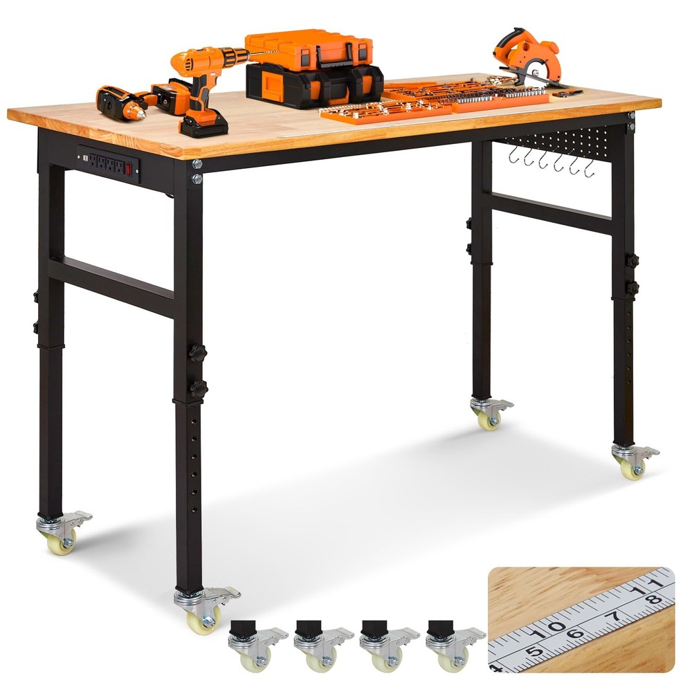 70" Adjustable Workbench Garage Work Table w/ Power Outlet, Wheels & Pegboard