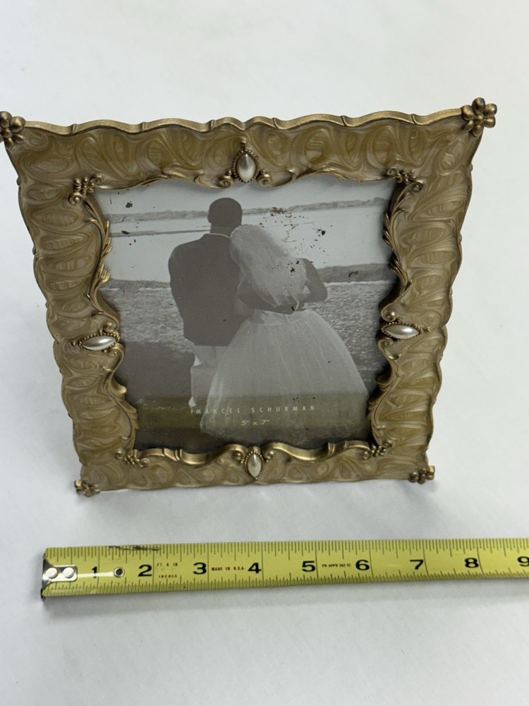 MARCEL SCHUEMAN Tan Pearlized Enamel Scroll Pears Goldtone PICTURE FRAME NEW