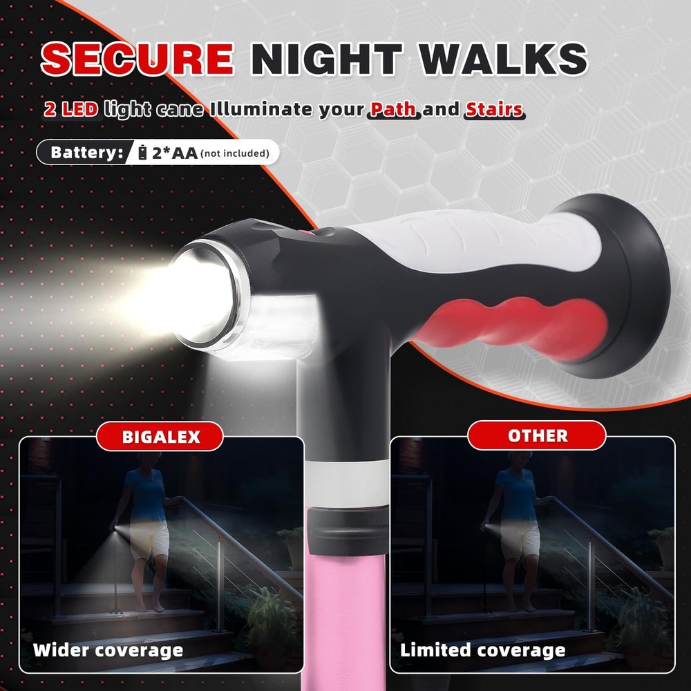 Folding Walking Cane with Two Led Lights for Elderly Solid Base Adjustable Wa...