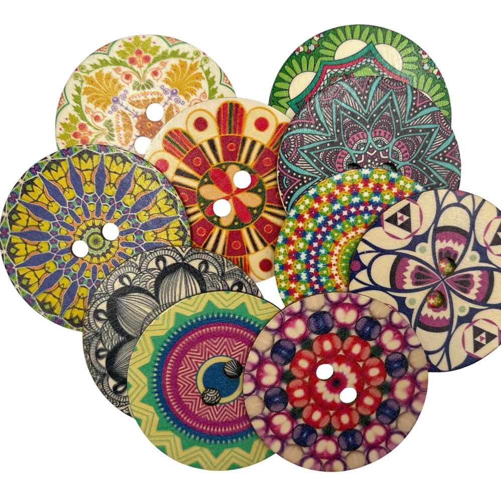 20 Pack Decorative Wood Buttons Mandala Patterns 3 Inch Multicolor Style B