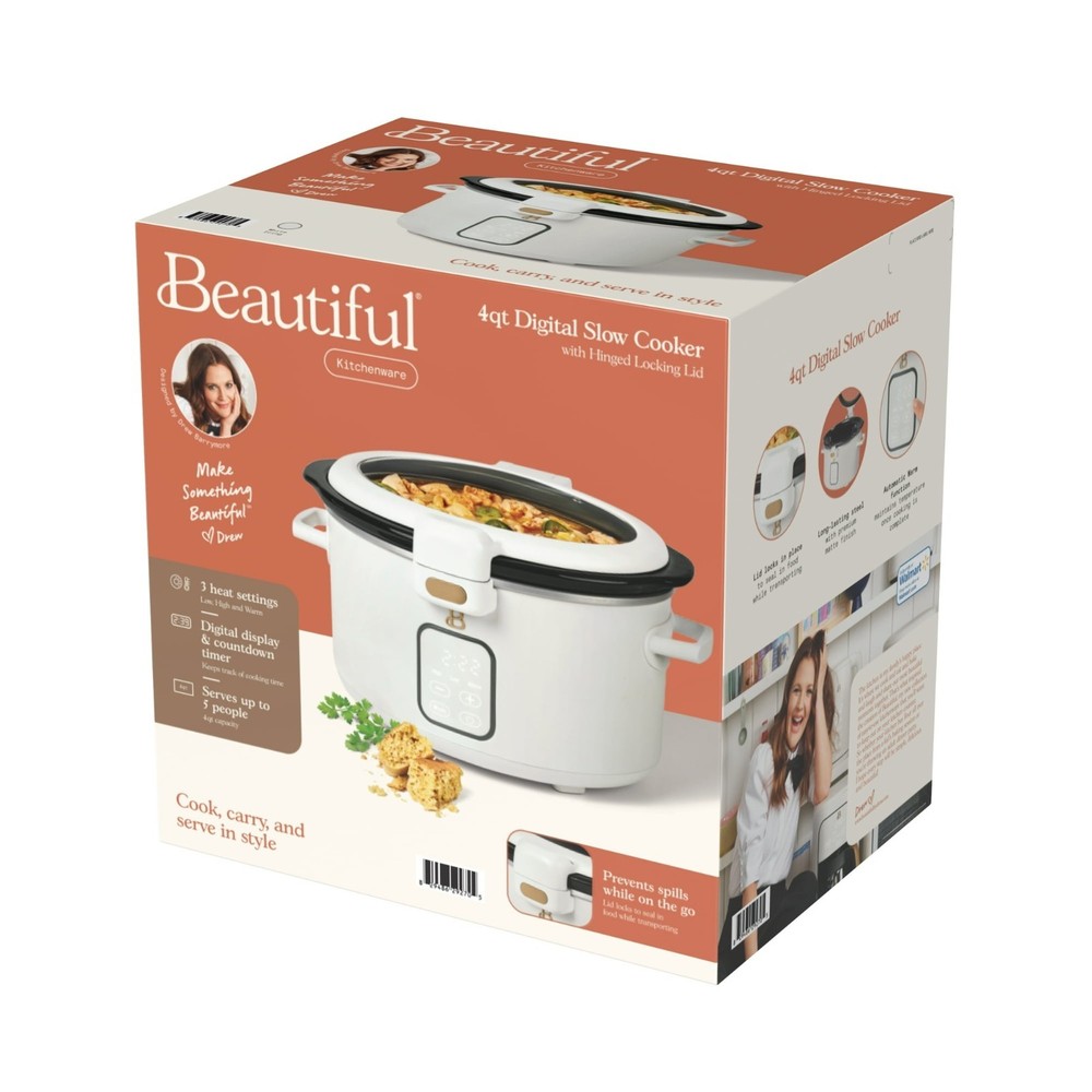 Beautiful 4 Qt Digital Slow Cooker with Hinged Locking Lid, White Icing